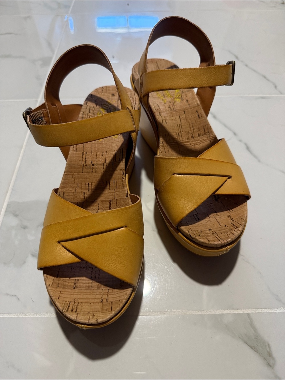 Kork-Ease Mustard Yellow Cork Wedge Sandals